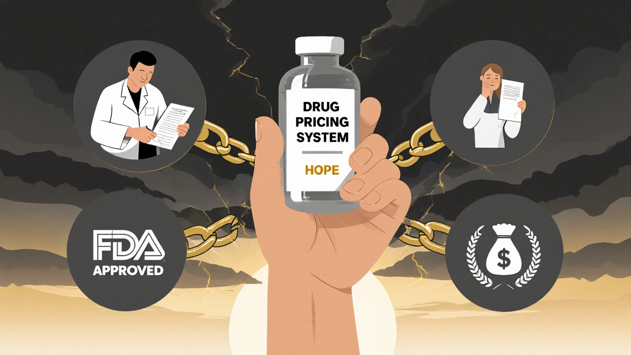 Hand breaking drug pricing chain, holding hope vial amid medical symbols