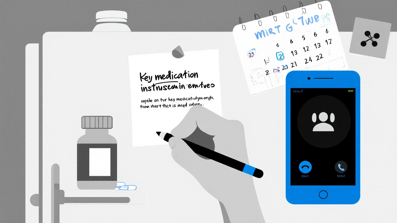 Handwriting medication instructions on sticky note stuck to fridge