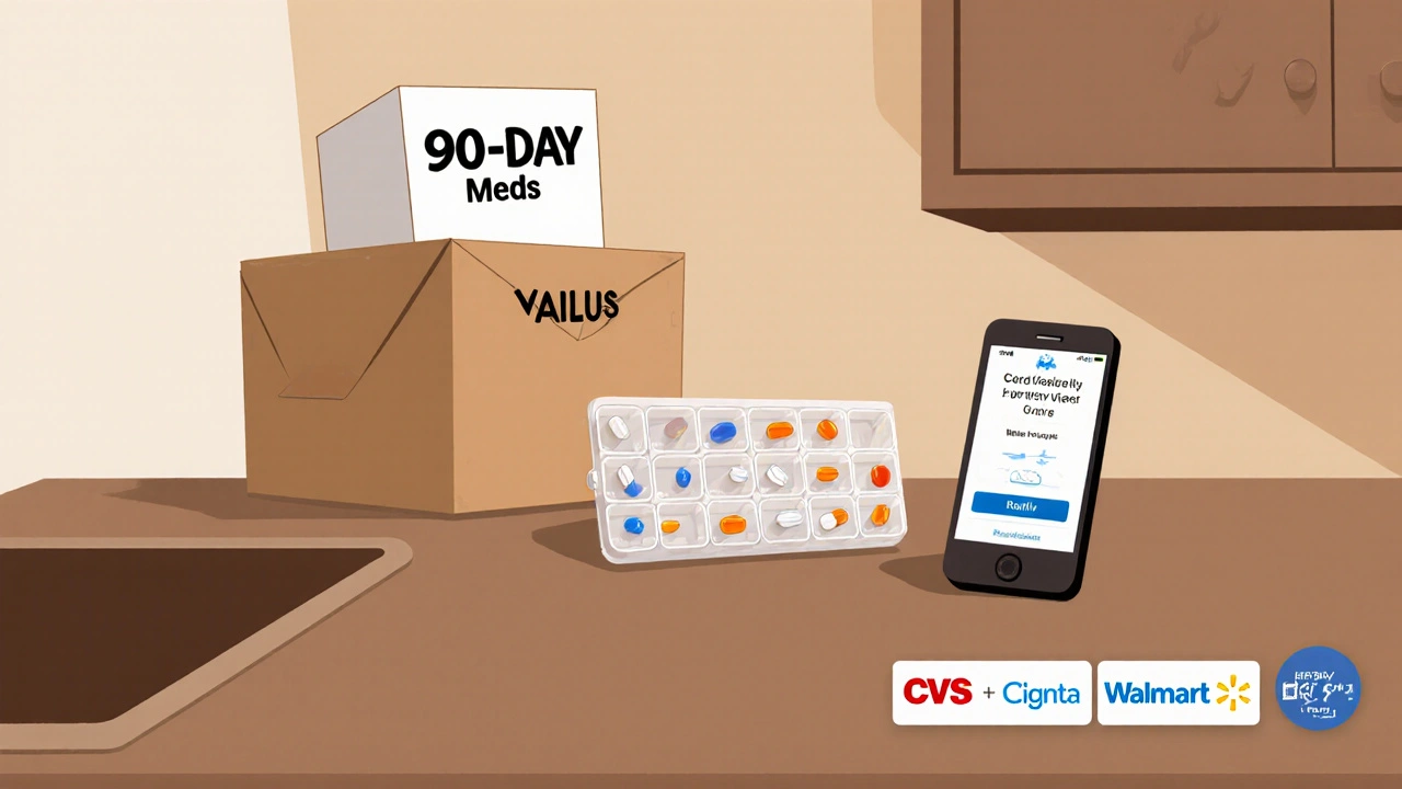 Mail-order medication package arriving at home with pill organizer and refill alert on phone nearby.