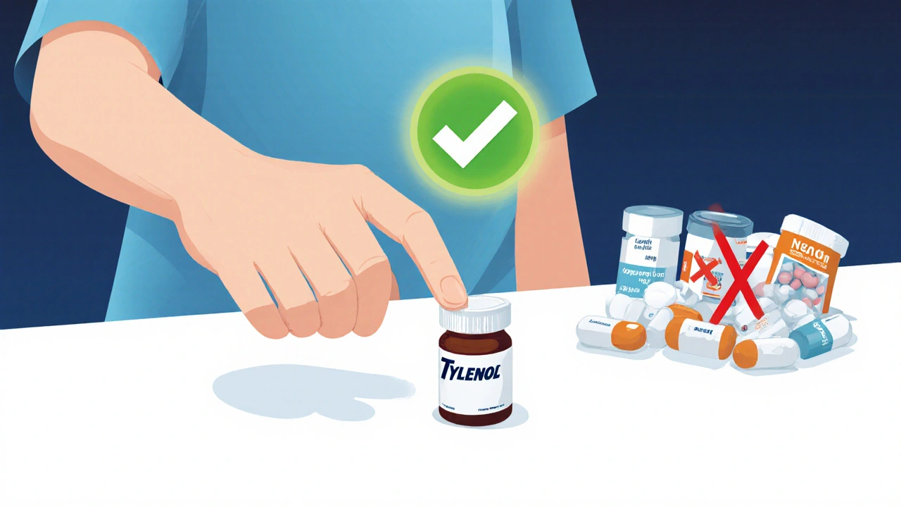 Medical guide showing safe acetaminophen alternative while blocking NSAID options