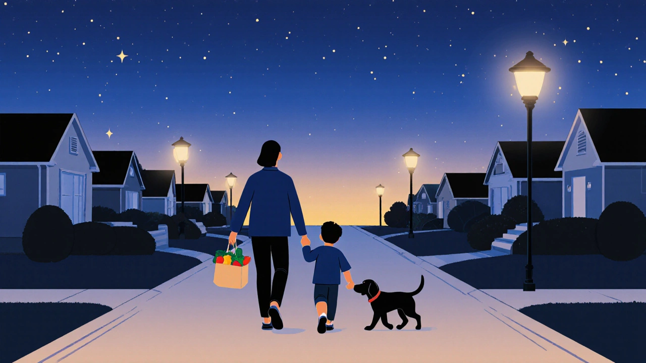 Parent and child walking with a dog after sunset, holding hands.