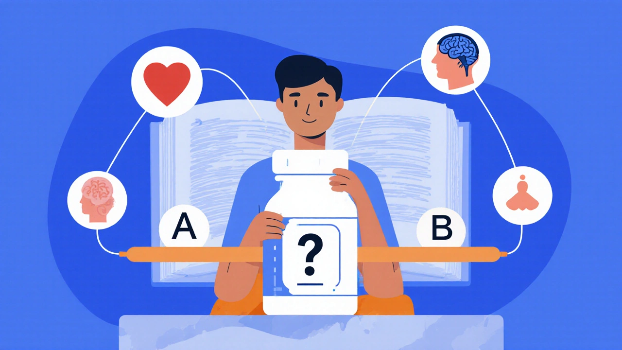 Patient surrounded by health icons and FDA A/B ratings, representing therapeutic equivalence uncertainty.