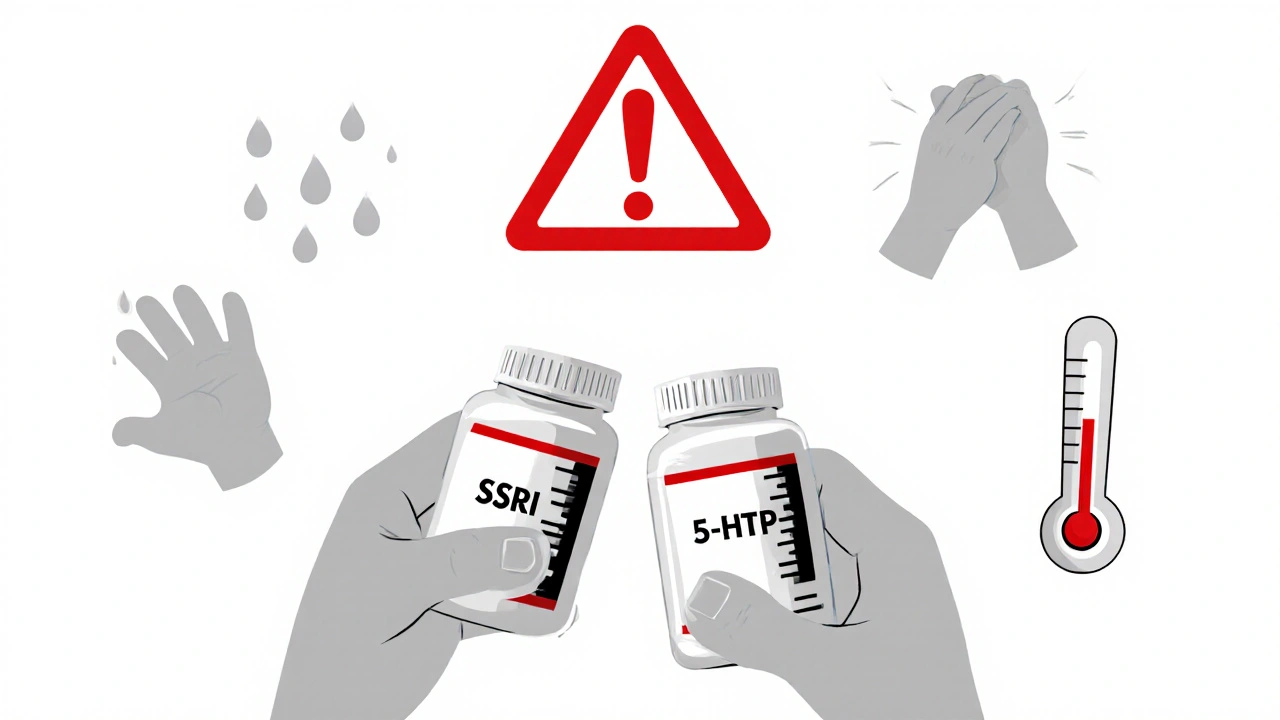Person with warning symbols above pills indicating serotonin syndrome risk