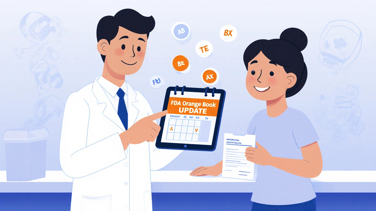 Pharmacist explaining TE codes on a digital Orange Book display to a patient.