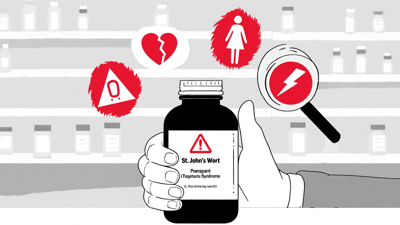 Pharmacist inspecting St. John’s Wort with warning icons for transplant, pregnancy, and serotonin syndrome.