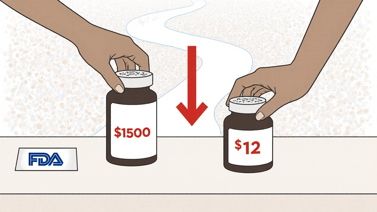 Pharmacy counter with branded and generic pill bottles side by side, showing dramatic price difference with a river of pills behind.