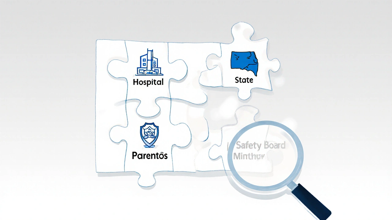 Puzzle pieces labeled with key stakeholders fitting together under a magnifying glass to reveal hidden risks.