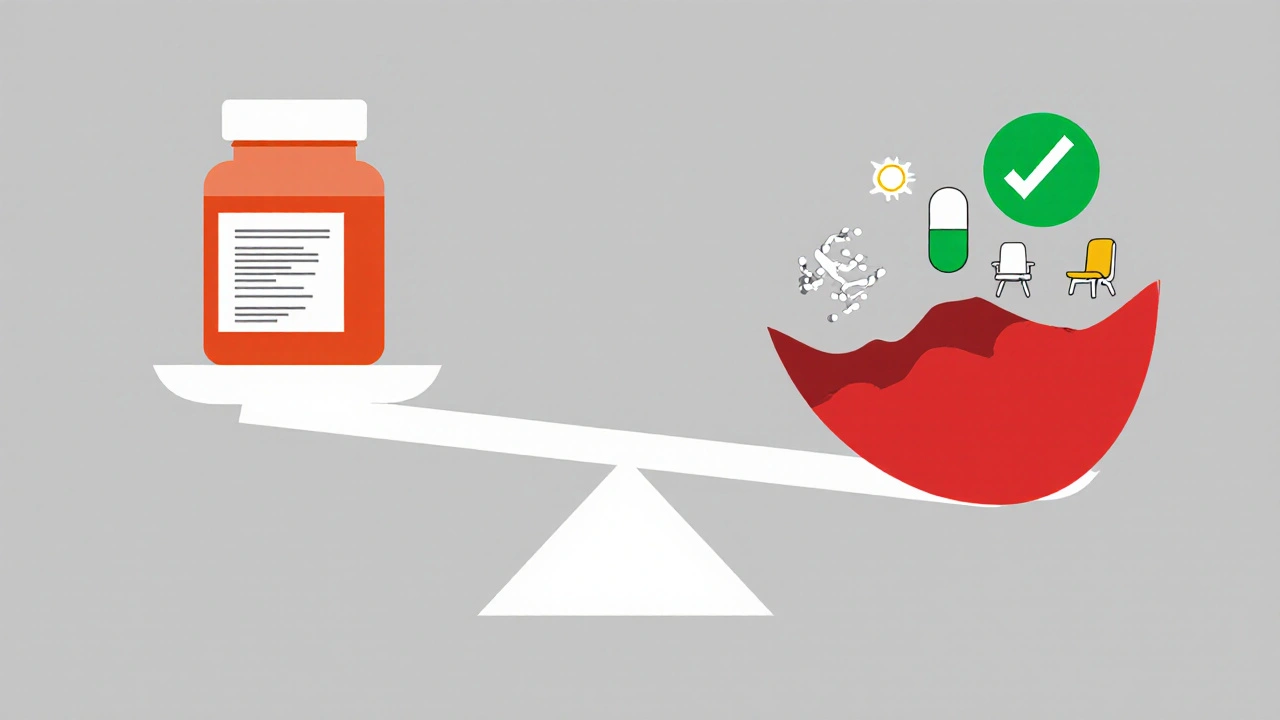 Scale showing supplement danger versus safe alternatives like exercise and therapy