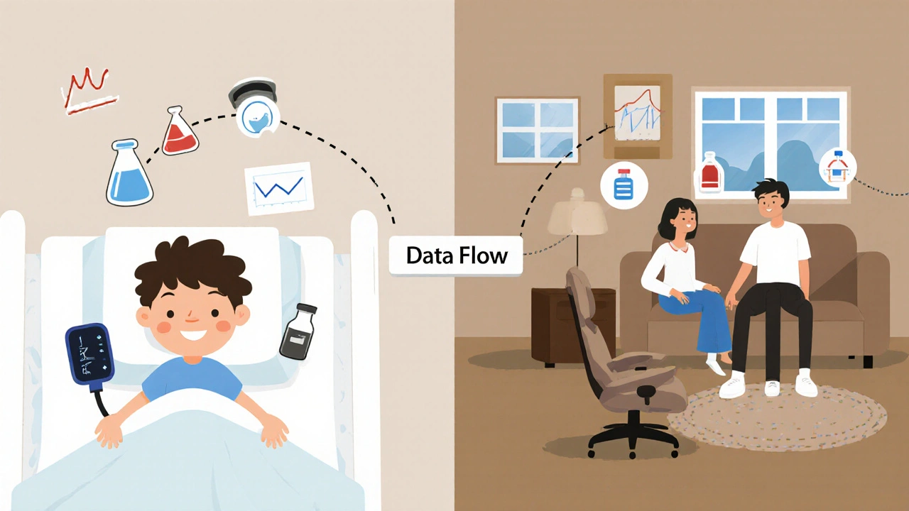 Side-by-side minimalist scenes: ICU medical data on one side, home safety icons on the other, linked by a data line.