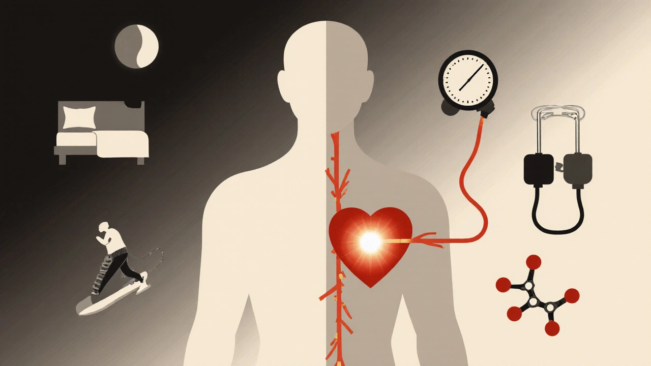 Silhouette with connected heart and penis, surrounded by health icons like sleep and exercise.