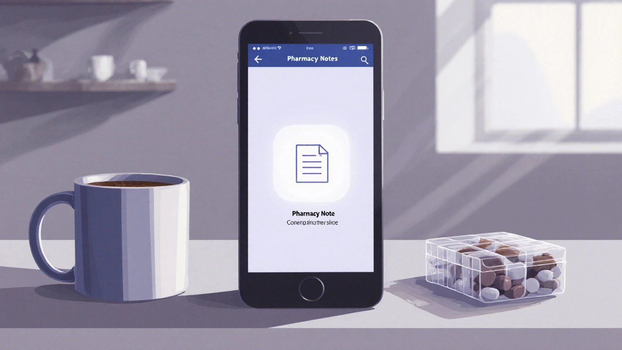 Smartphone displaying pharmacy app with counseling notes icon on kitchen counter