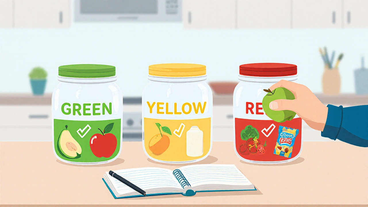 Three labeled jars on a counter showing healthy food choices with an apple being placed in the green jar.