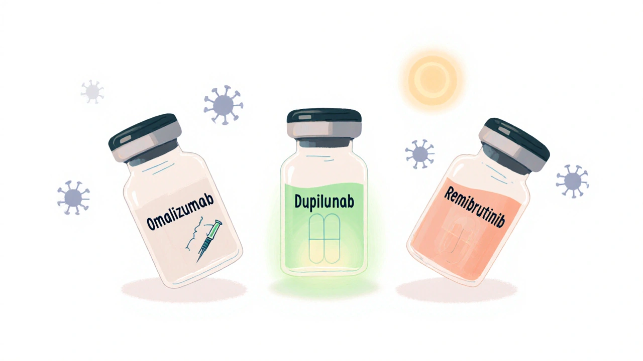 Three treatment options represented as floating vials and pill with immune cells in background.