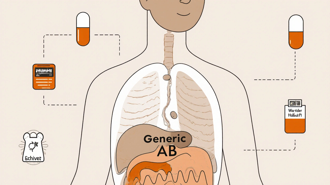 Transparent human body showing identical drug absorption from generic and brand-name pills.