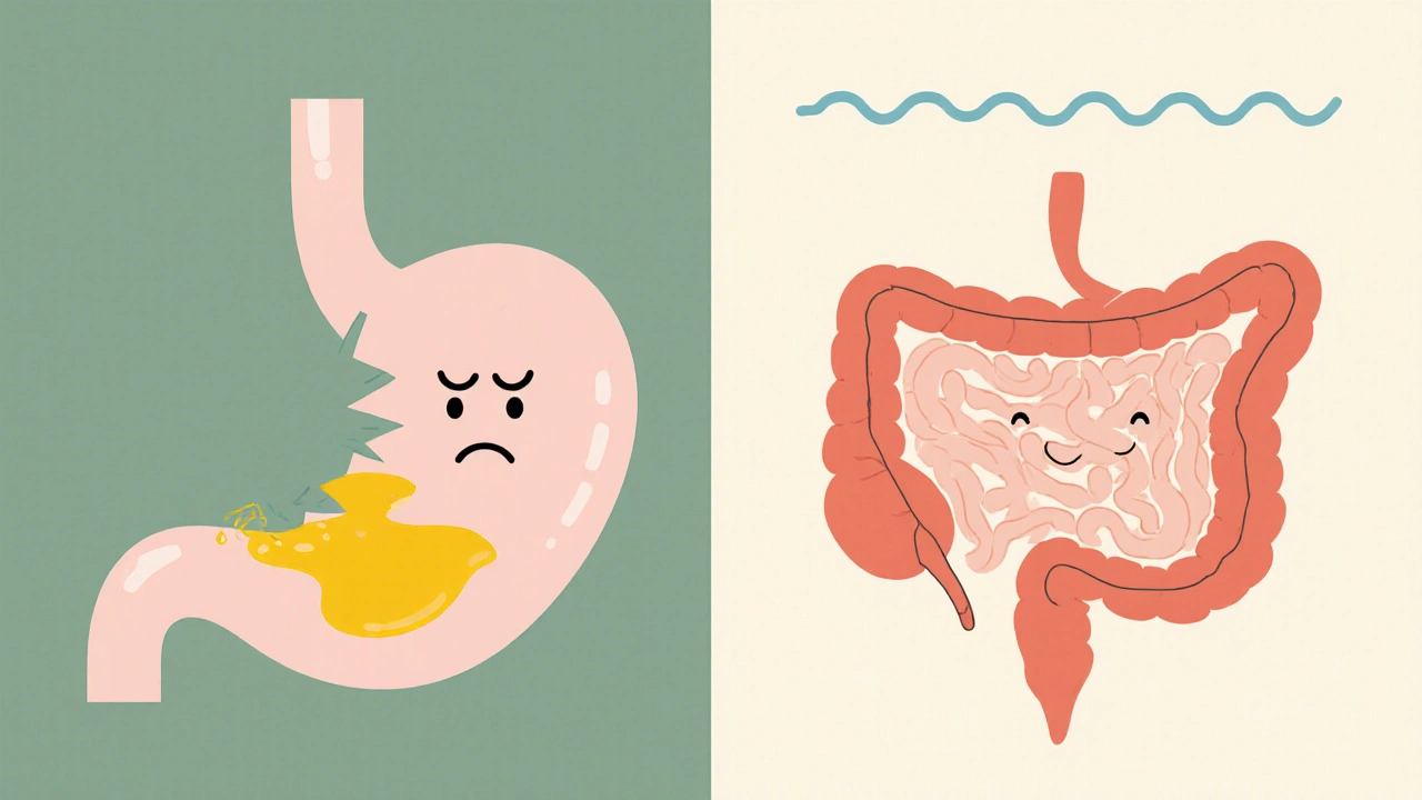 Two capsules compared: one broken causing stomach irritation, one intact releasing oil safely in the small intestine.