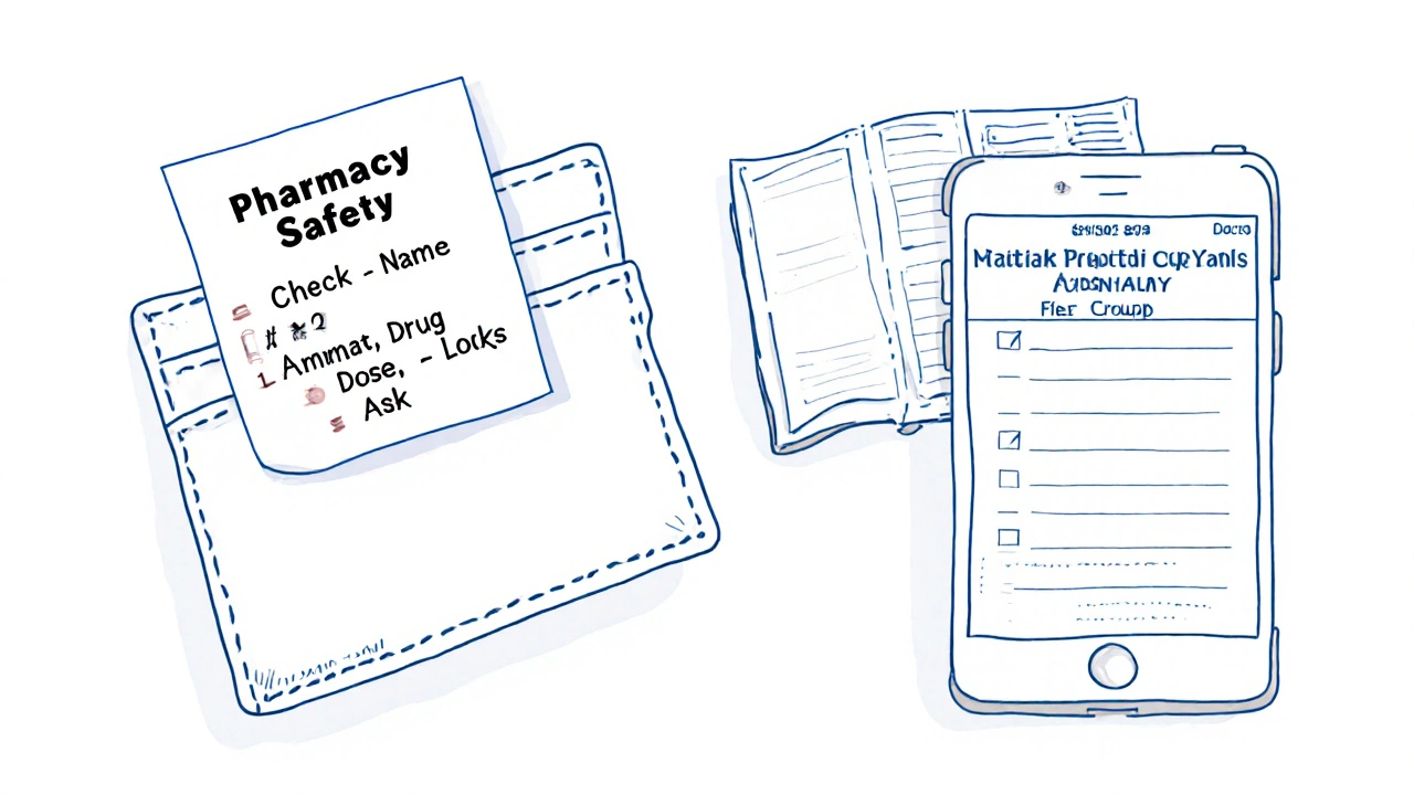 Wallet with safety checklist sticky note and phone reminder