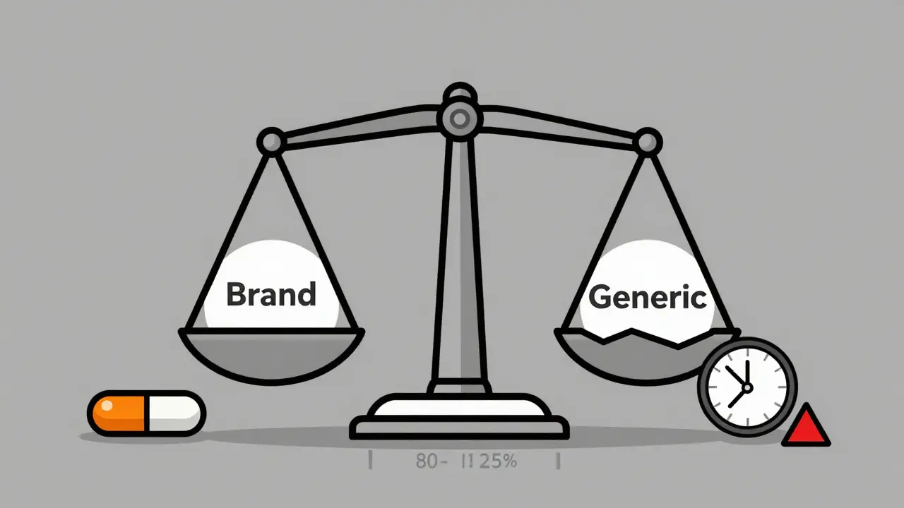 A balanced scale with generic and brand pills, showing a narrow bioequivalence range and a failed washout.