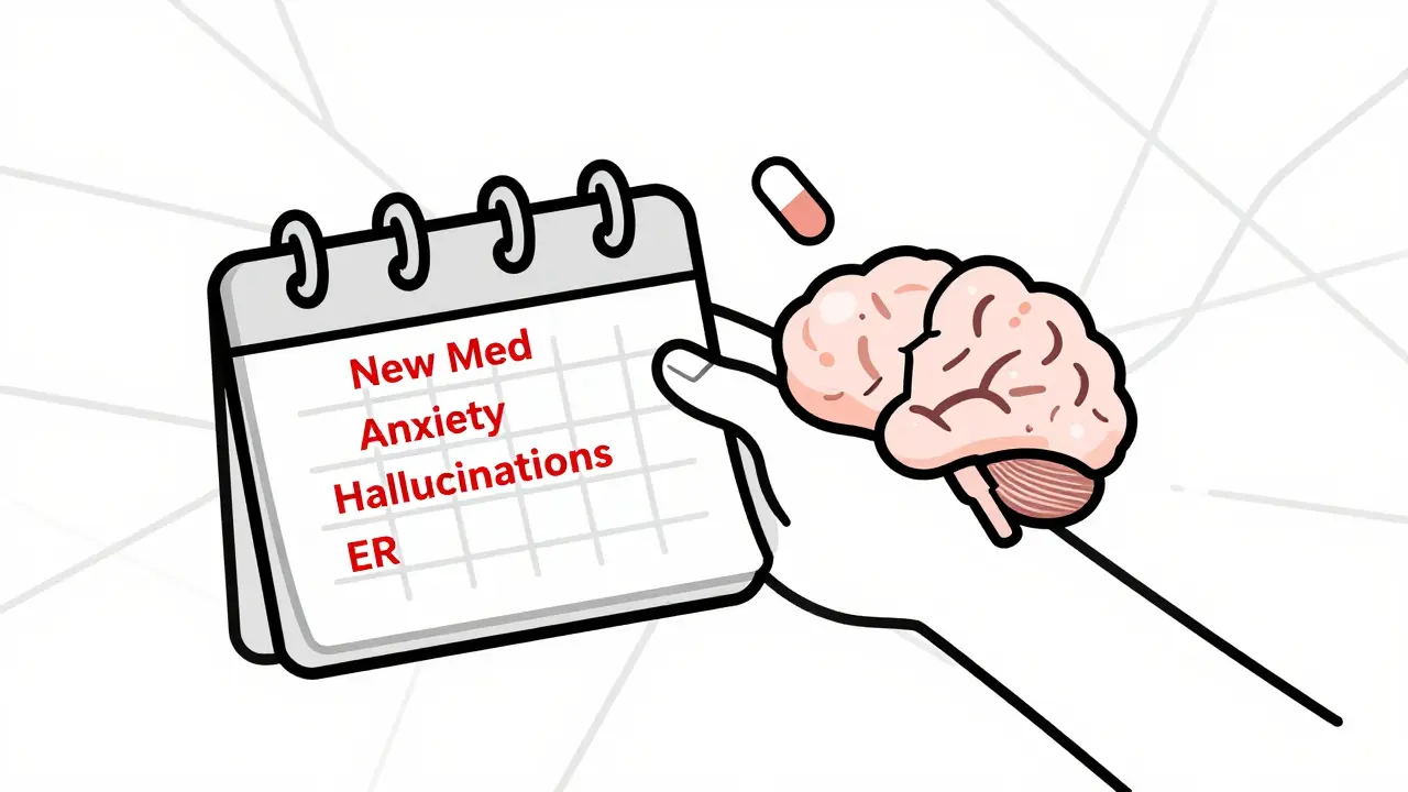 A calendar showing progression from new medication to emergency, with a cracking brain releasing a pill.