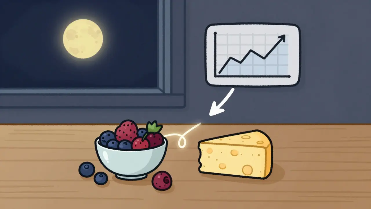 A calming bedtime snack of berries and cheese to support overnight blood sugar stability.