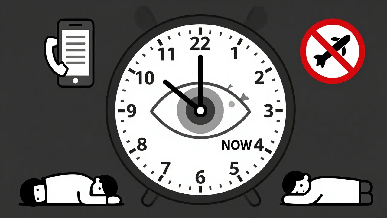 A clock beside an eye showing critical time windows for treatment, with urgent action symbols.