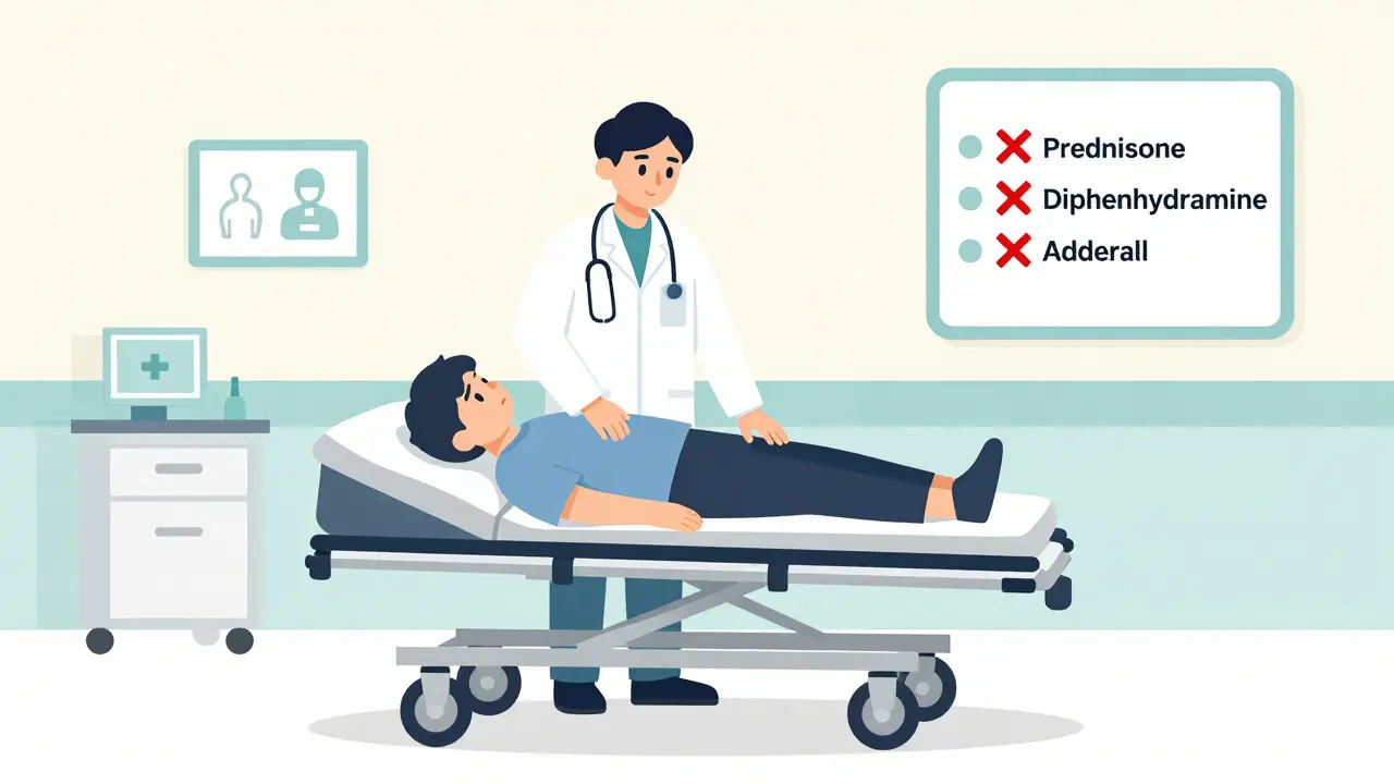 A medic guiding a patient in an ER, with drug names marked for removal on a chart.