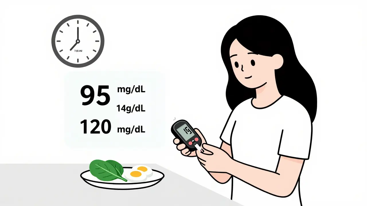 A woman checking her blood sugar with targets displayed softly in the background.