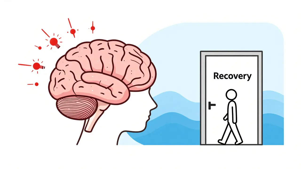 Brain before and after therapy: chaotic red signals vs. calm blue waves.