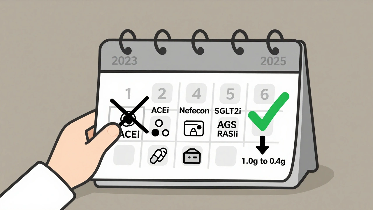 Calendar flipping from 2023 to 2025 showing updated IgAN treatment combo replacing old therapy.