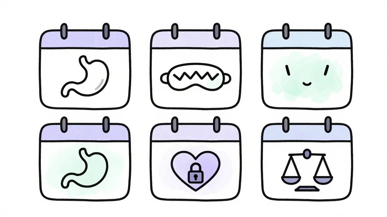 Calendar illustrating common SSRI side effects fading over four weeks in soft pastels.