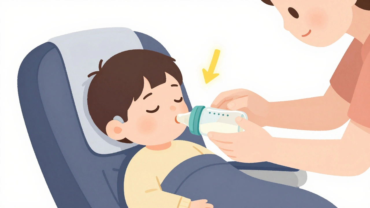 Child being woken up to feed during plane descent with earplugs in place.