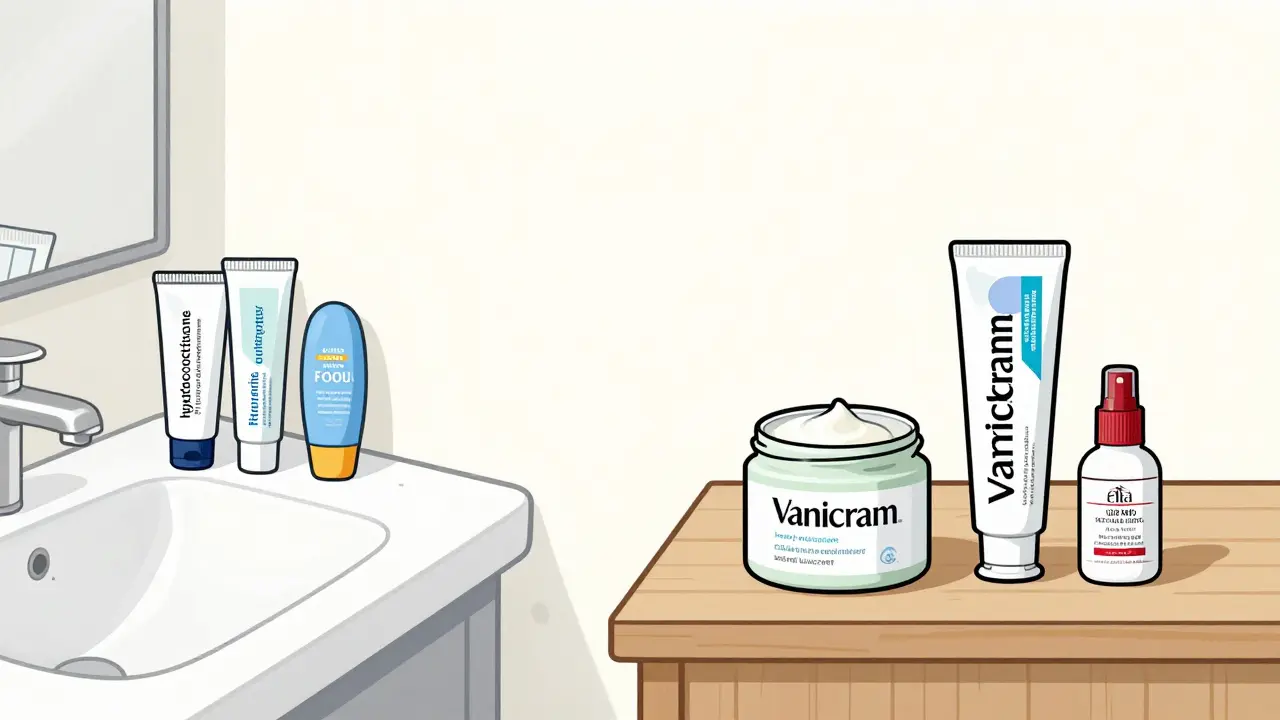 Cluttered bathroom counter with irritants vs. simple gentle products side by side.