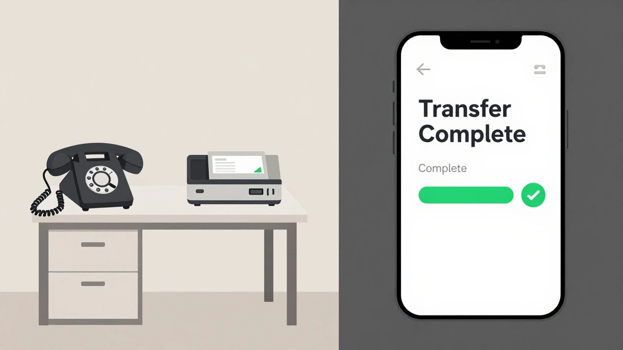 Contrast between outdated fax and phone methods versus modern digital prescription transfer.