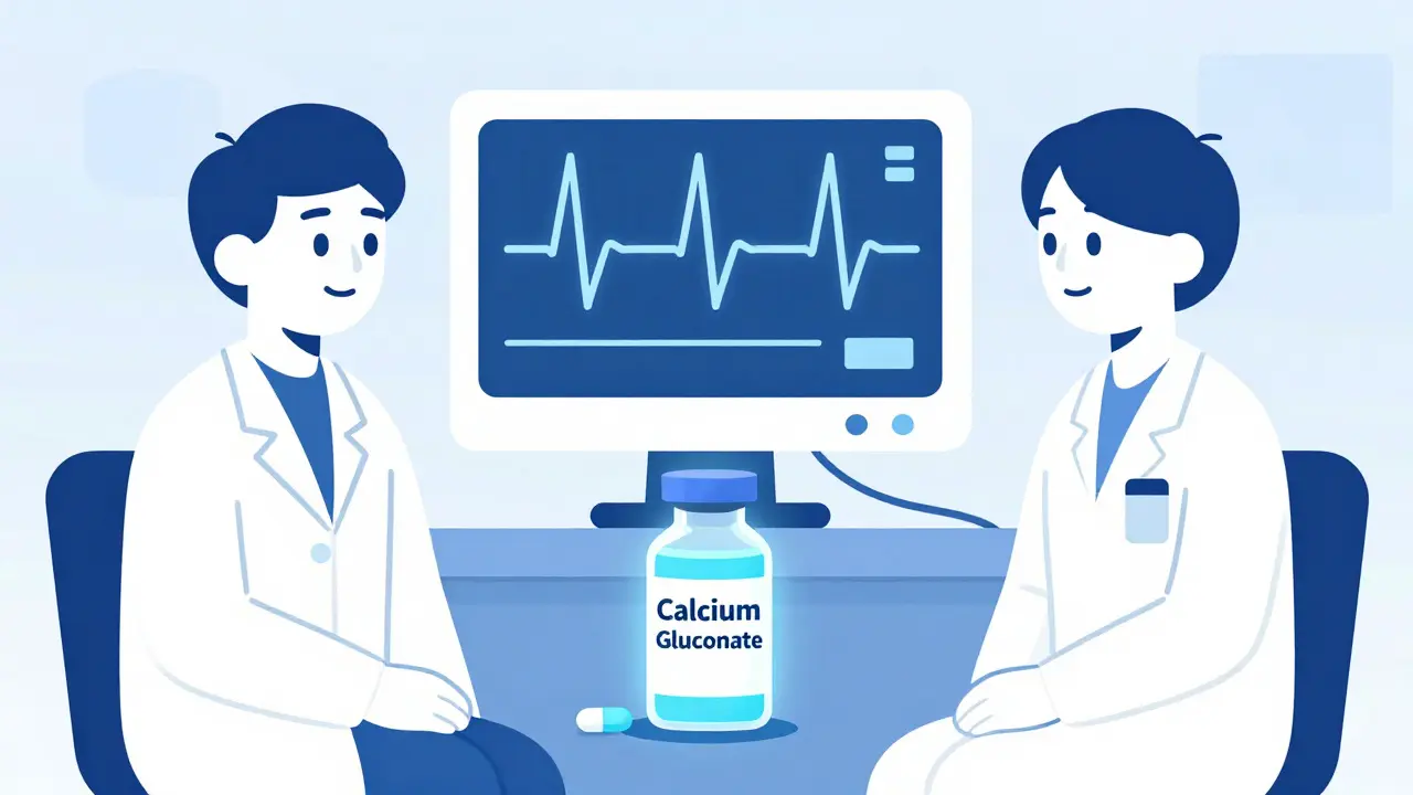 Doctor and patient with ECG showing dangerous sine wave, calcium vial and binder pill nearby, illustrating emergency and long-term management.