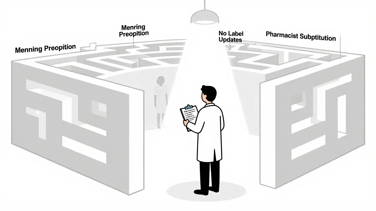 Doctor under spotlight checking safety steps, surrounded by legal barriers in minimalist art.