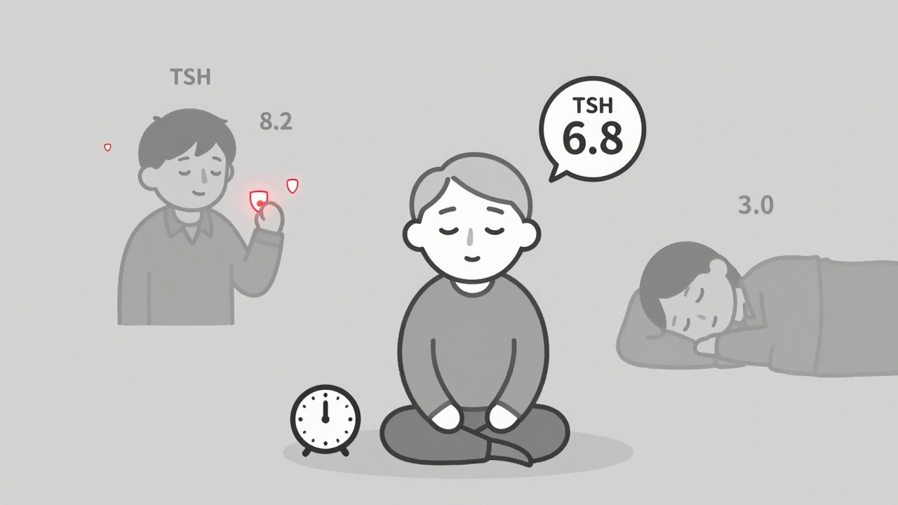 Elderly person with stable TSH next to younger person taking medication, symbolic contrast
