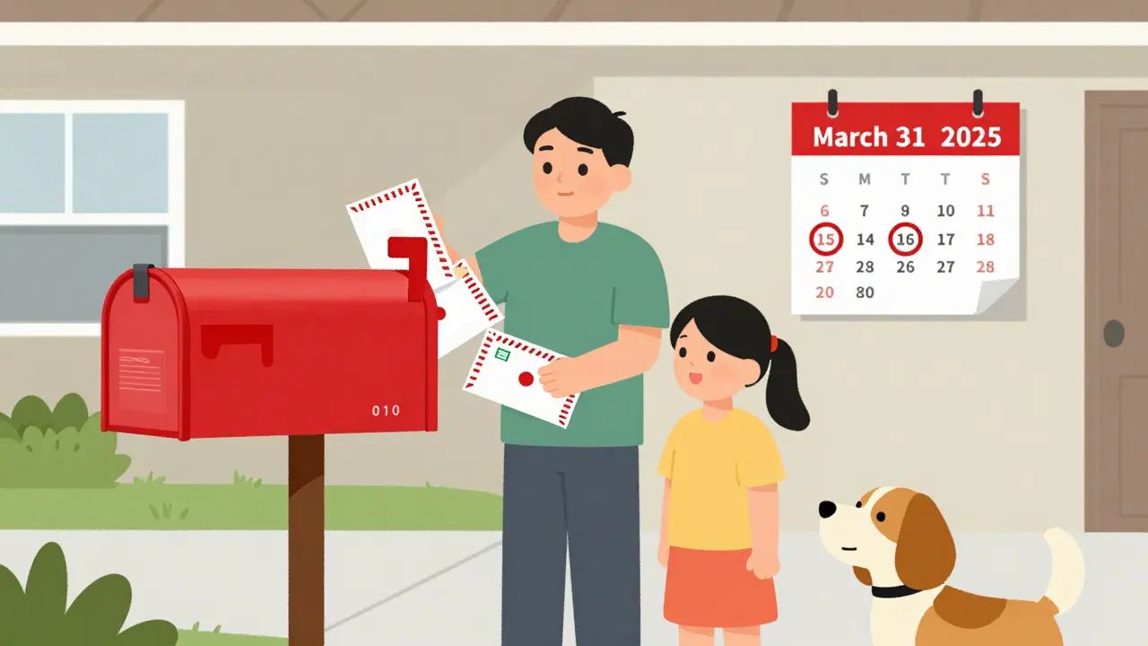 Family dropping sealed medication envelopes into a USPS mailbox outside a home