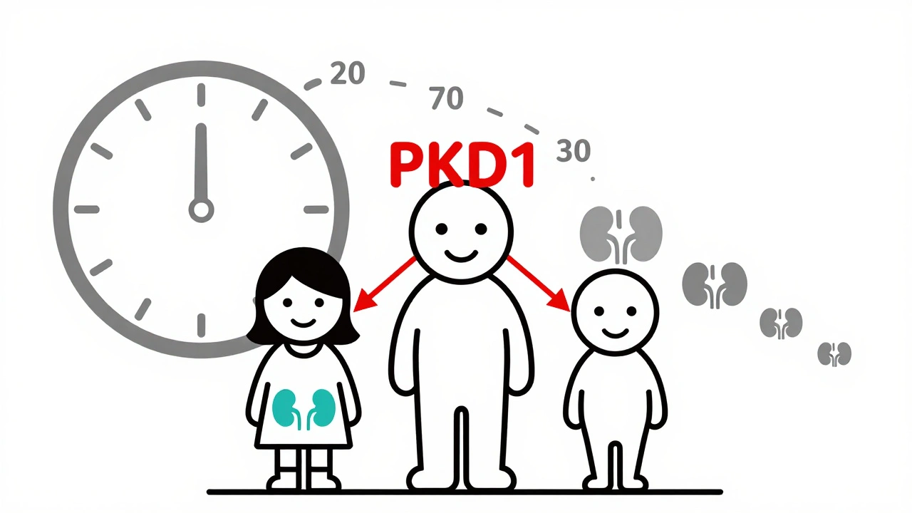 Family tree showing inheritance pattern of PKD1 gene with 50% transmission to children and kidney decline over time.