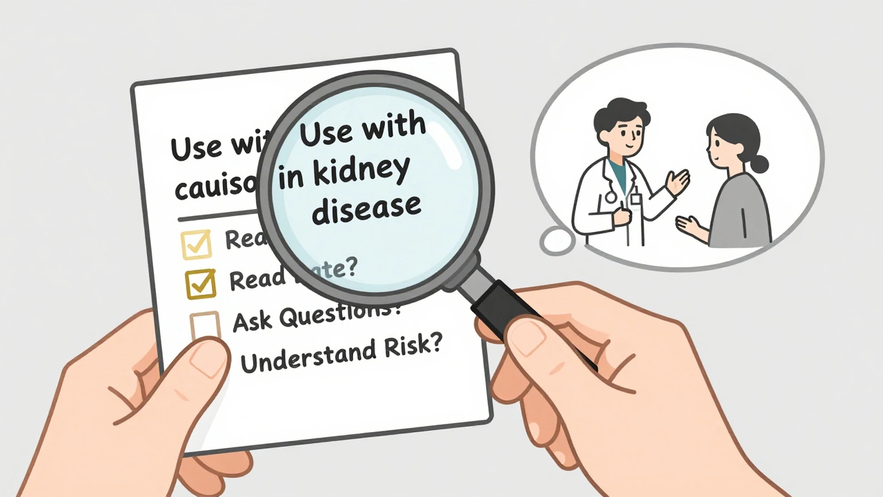 Hand holding a drug label with magnifying glass and checklist for safety steps.