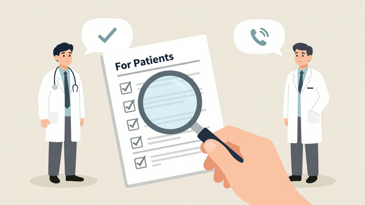 Hand opening a medication guide with a magnifying glass over the patient instructions section.