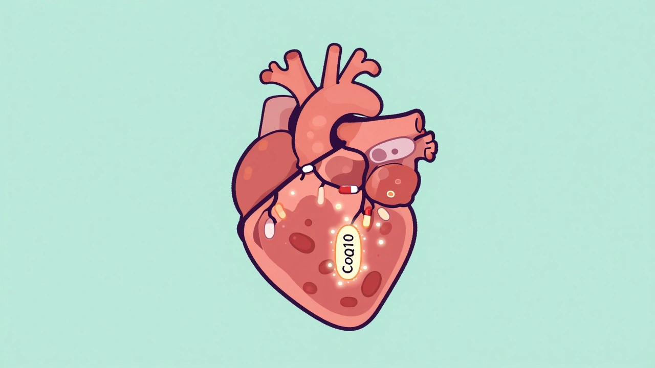 Heart with glowing mitochondria and blood pressure medications wrapped around it like a vine.