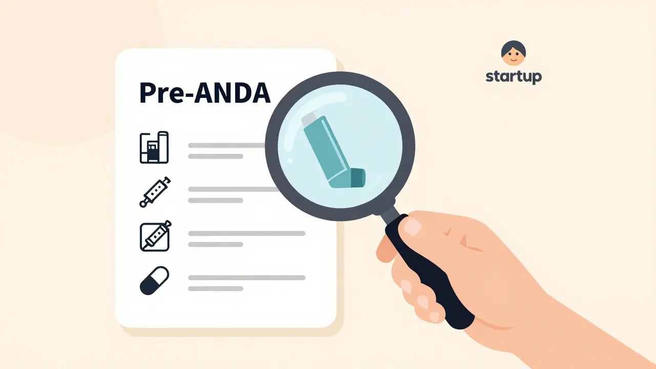 Magnifying glass over a Pre-ANDA checklist with drug types, representing support for complex generic drugs.
