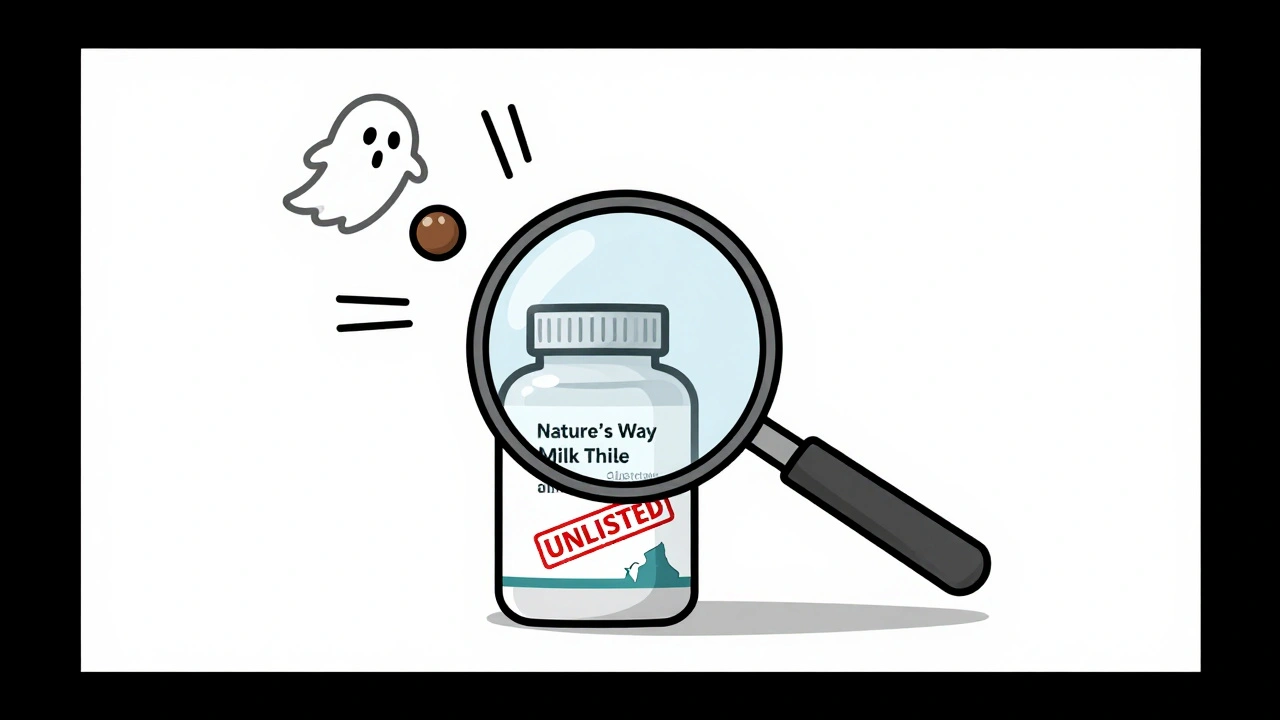 Magnifying glass revealing hidden, unlisted ingredients inside a supplement bottle labeled with a brand name.