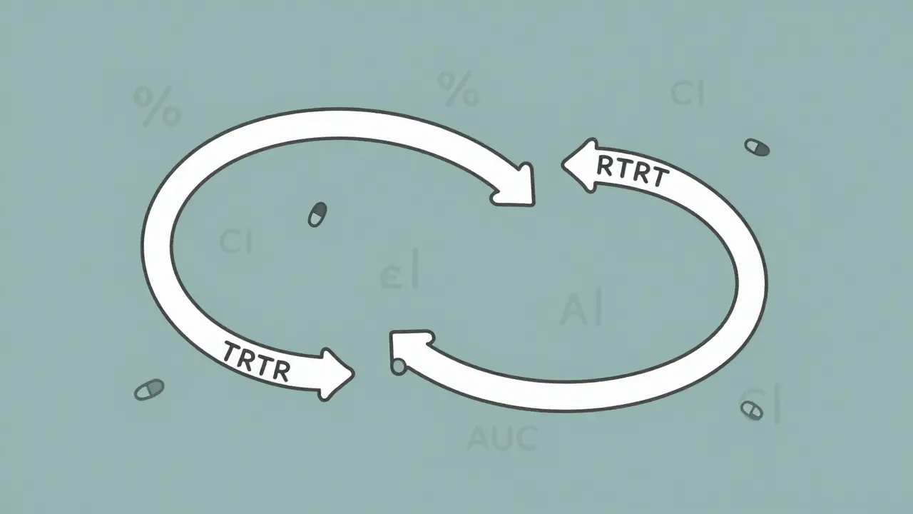 Overlapping looped paths representing replicate crossover designs with pill icons and statistical symbols.