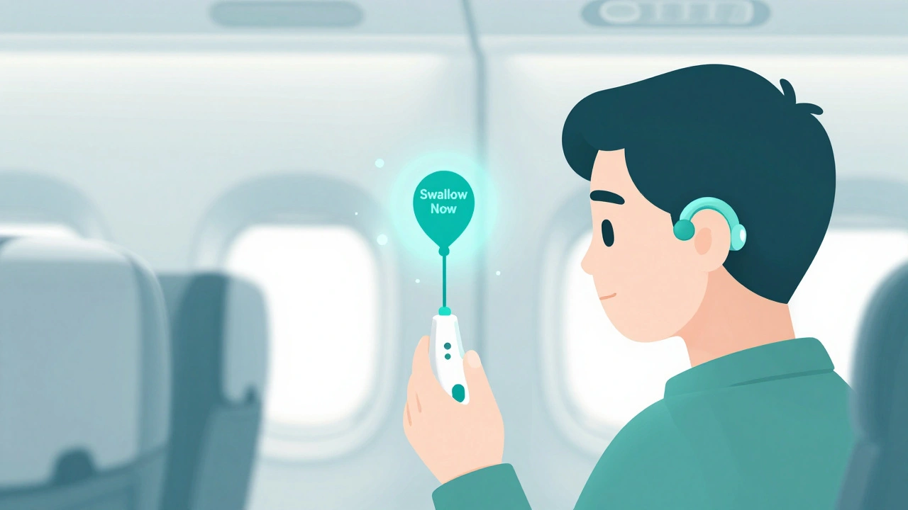 Passenger with smart earplugs showing a &#039;Swallow Now&#039; prompt on a modern airplane seat.