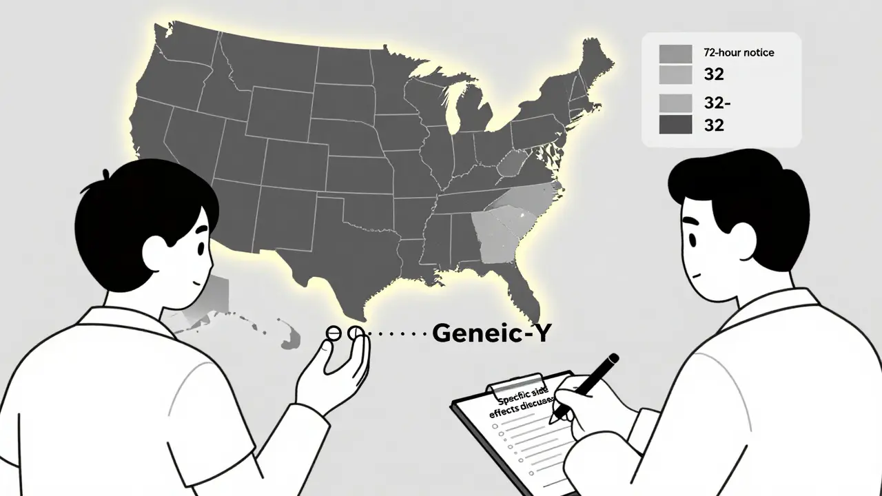 Patient holds generic and brand pills connected to doctor's chart with state substitution map.