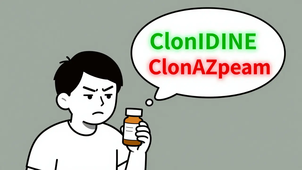 Patient squinting at a pill bottle with a thought bubble showing confusing drug names side by side.