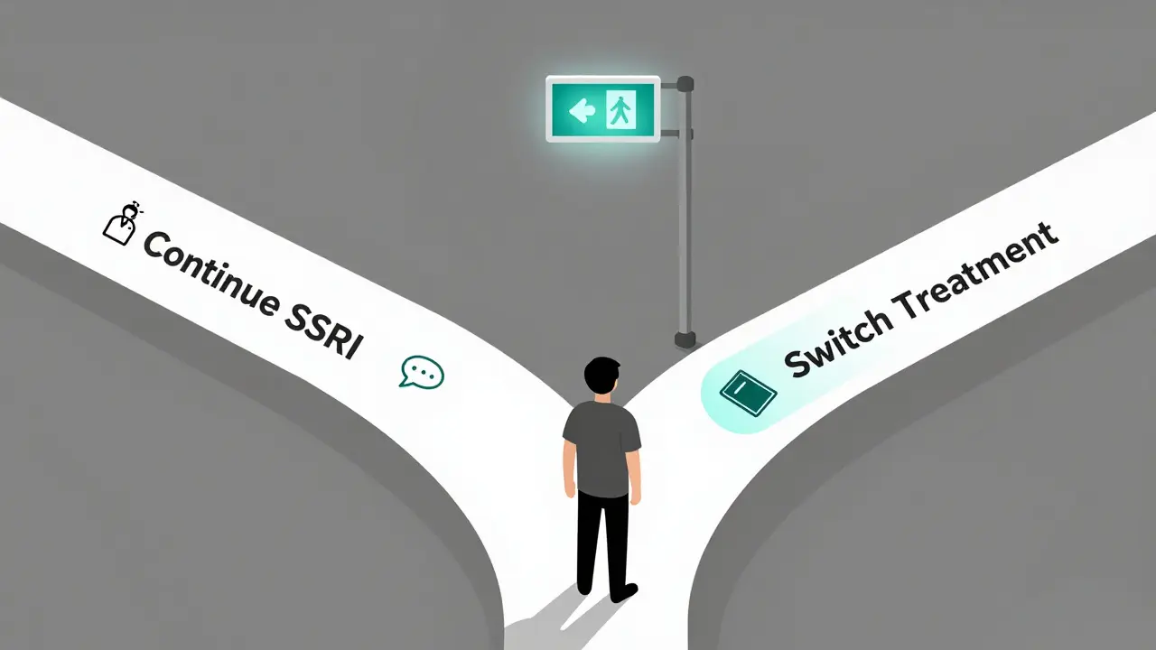 Person at crossroads choosing between continuing or switching SSRI treatment with icons.