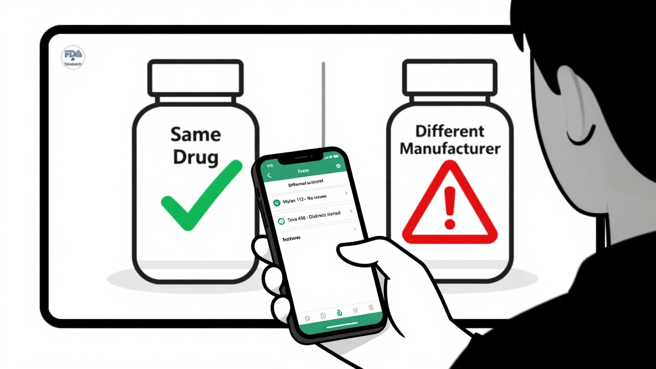 Person checking a medication log app, comparing two pill bottles with different manufacturers.