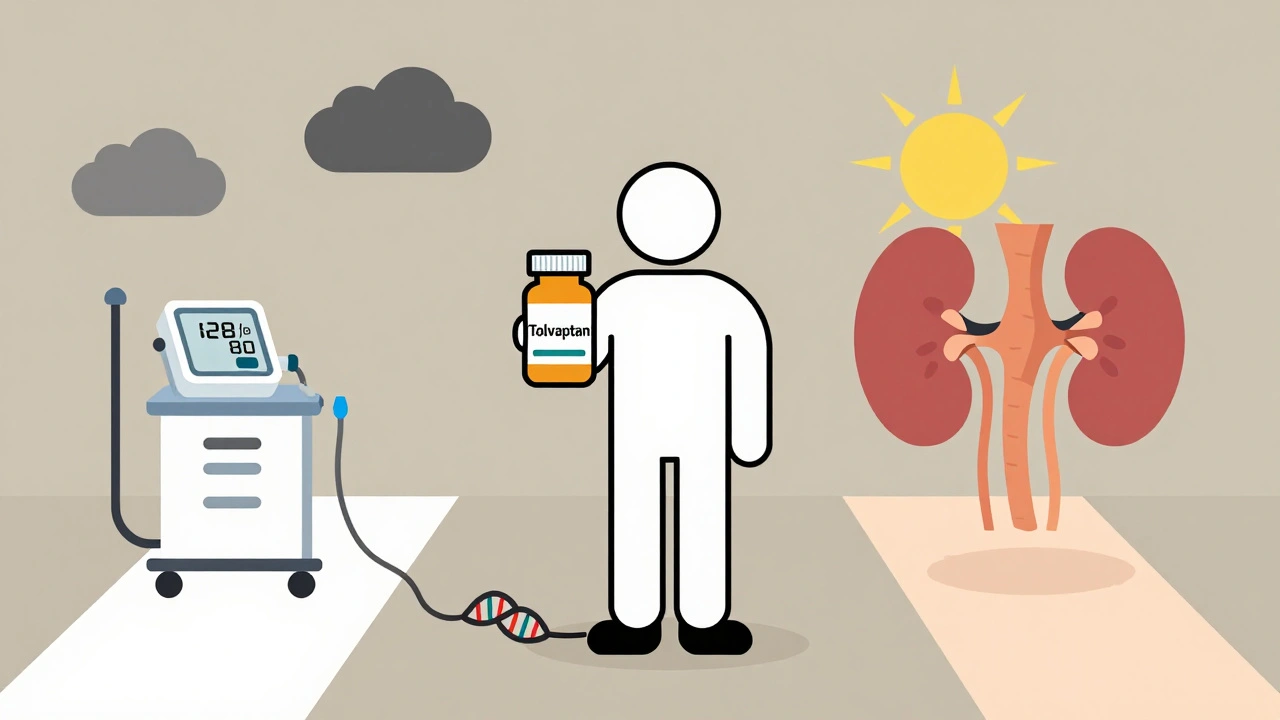 Person choosing between dialysis and transplant paths, holding medication, with healthy kidney symbol and blood pressure reading.