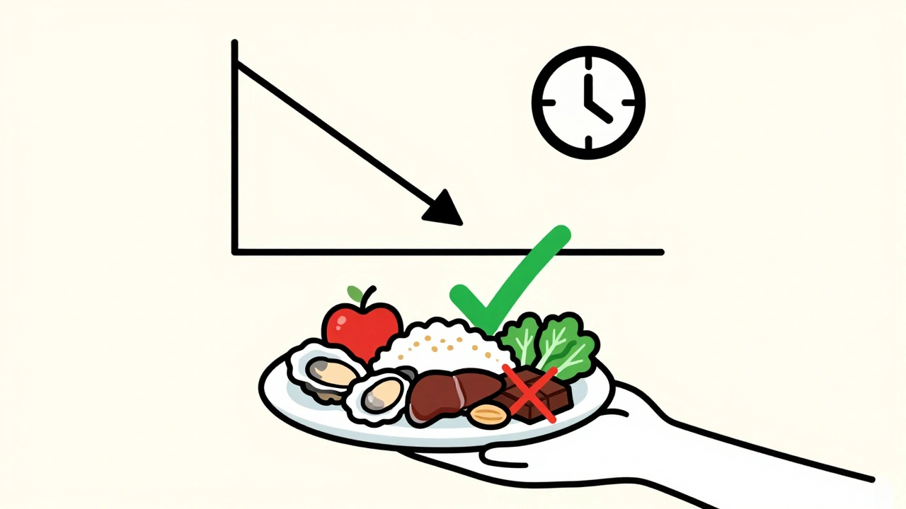 Person eating safe foods while copper-rich foods are crossed out, with health monitoring symbol.
